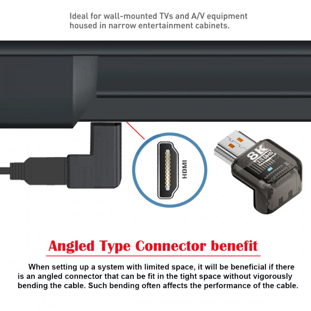 Up Angled 90 Degree HDMI Male to HDMI 2.1 Female UHD Extension Adapter Extender Transparent with Smart LED 8K 60hz HDTV