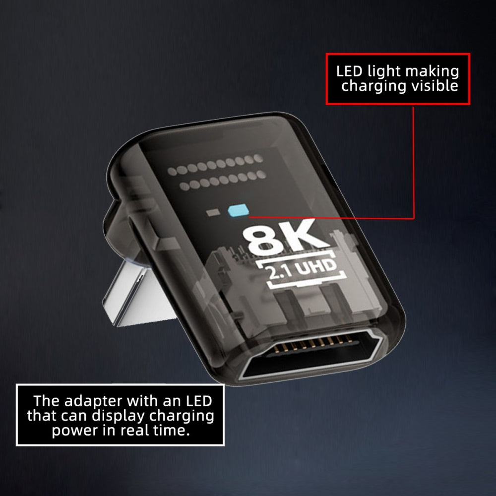 Up Angled 90 Degree Low Profile HDMI Male to HDMI 2.1 Female UHD Extension Adapter Extender Transparent with Smart LED 8K 60hz HDTV
