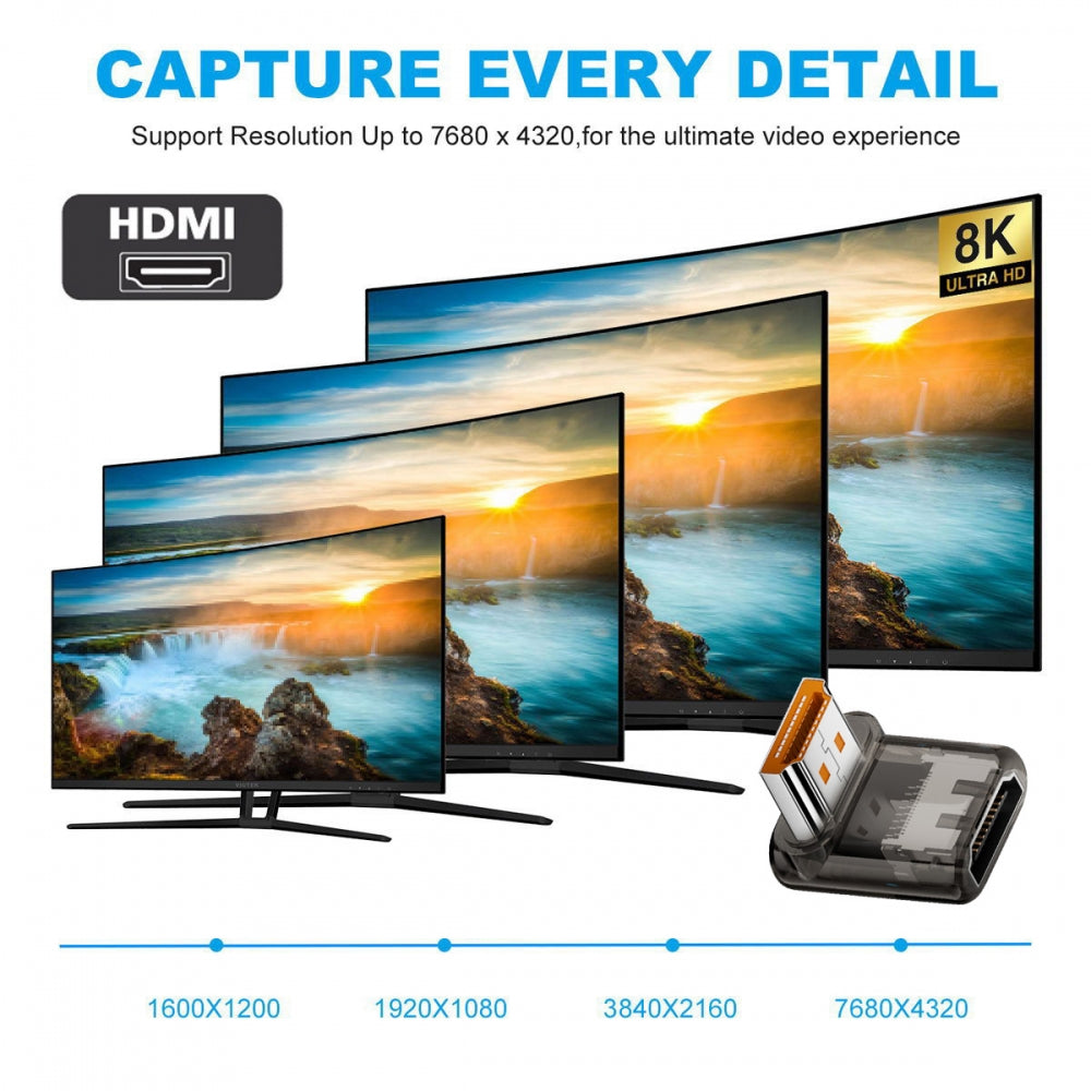 Down Angled 90 Degree Low Profile HDMI Male to HDMI 2.1 Female UHD Extension Adapter Extender Transparent with Smart LED 8K 60hz HDTV