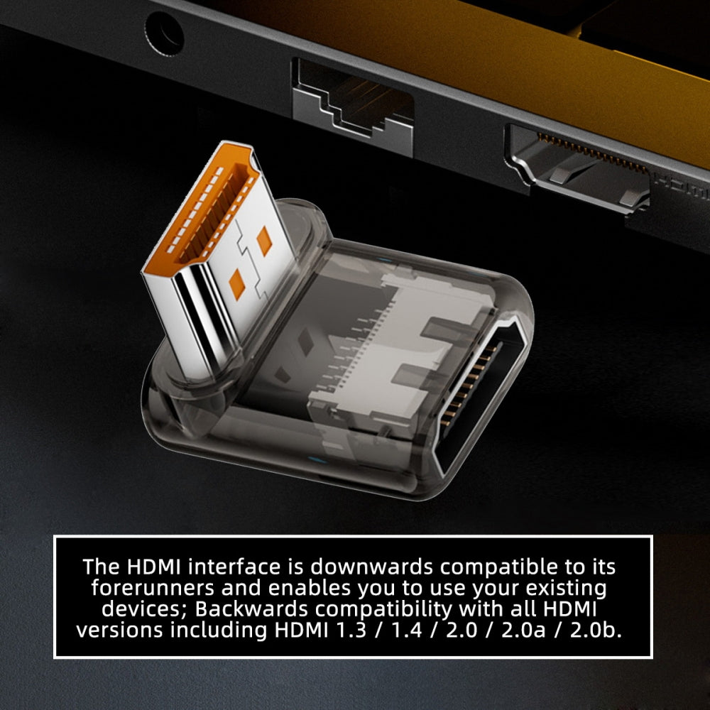 Down Angled 90 Degree Low Profile HDMI Male to HDMI 2.1 Female UHD Extension Adapter Extender Transparent with Smart LED 8K 60hz HDTV