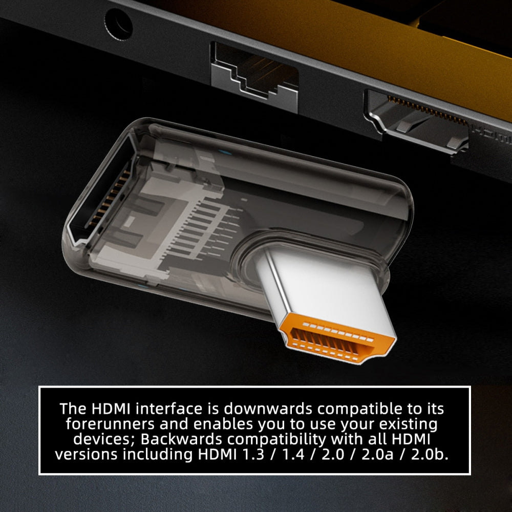 Right Angled 90 Degree Low Profile HDMI Male to HDMI 2.1 Female UHD Extension Adapter Extender Transparent with Smart LED 8K 60hz HDTV