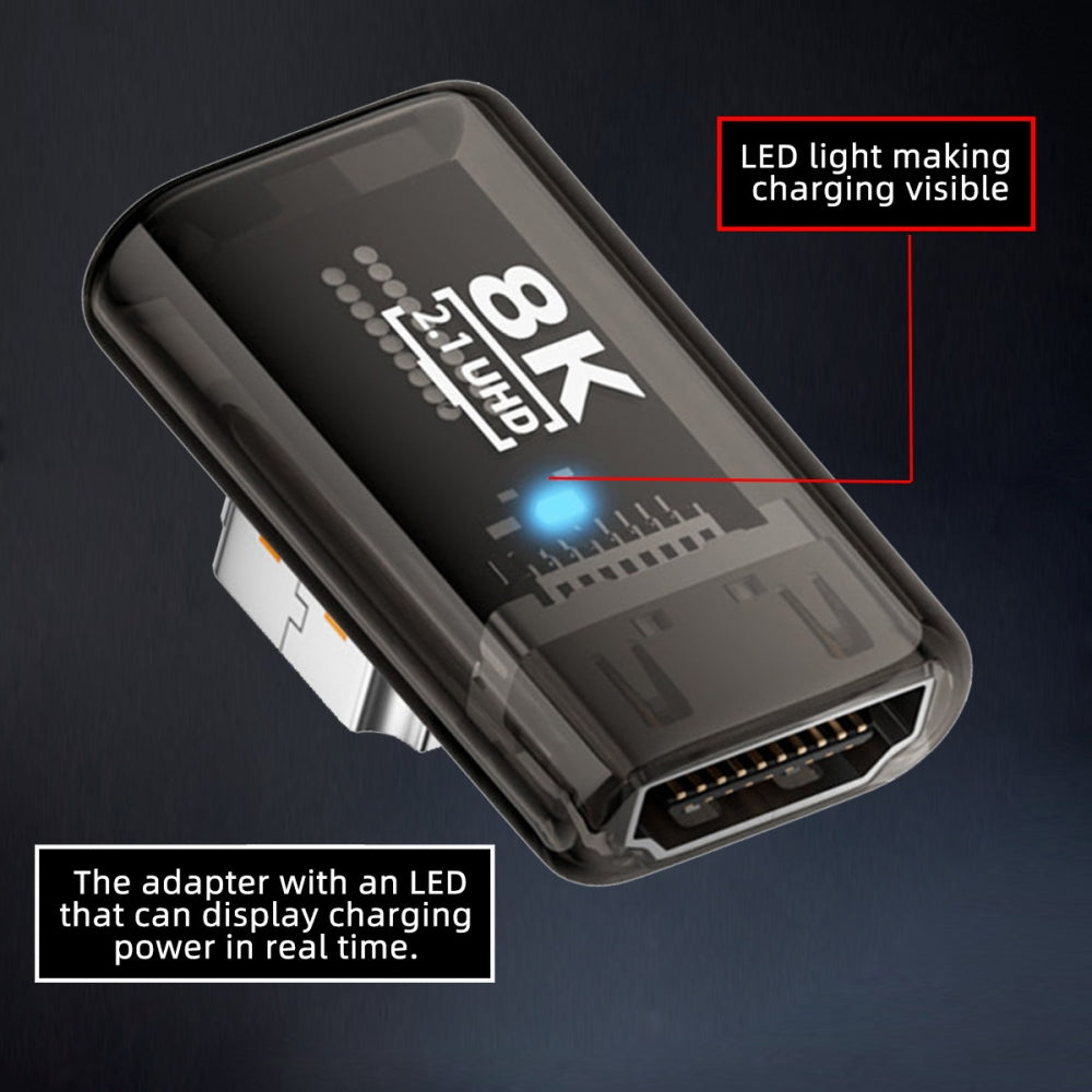 Right Angled 90 Degree Low Profile HDMI Male to HDMI 2.1 Female UHD Extension Adapter Extender Transparent with Smart LED 8K 60hz HDTV