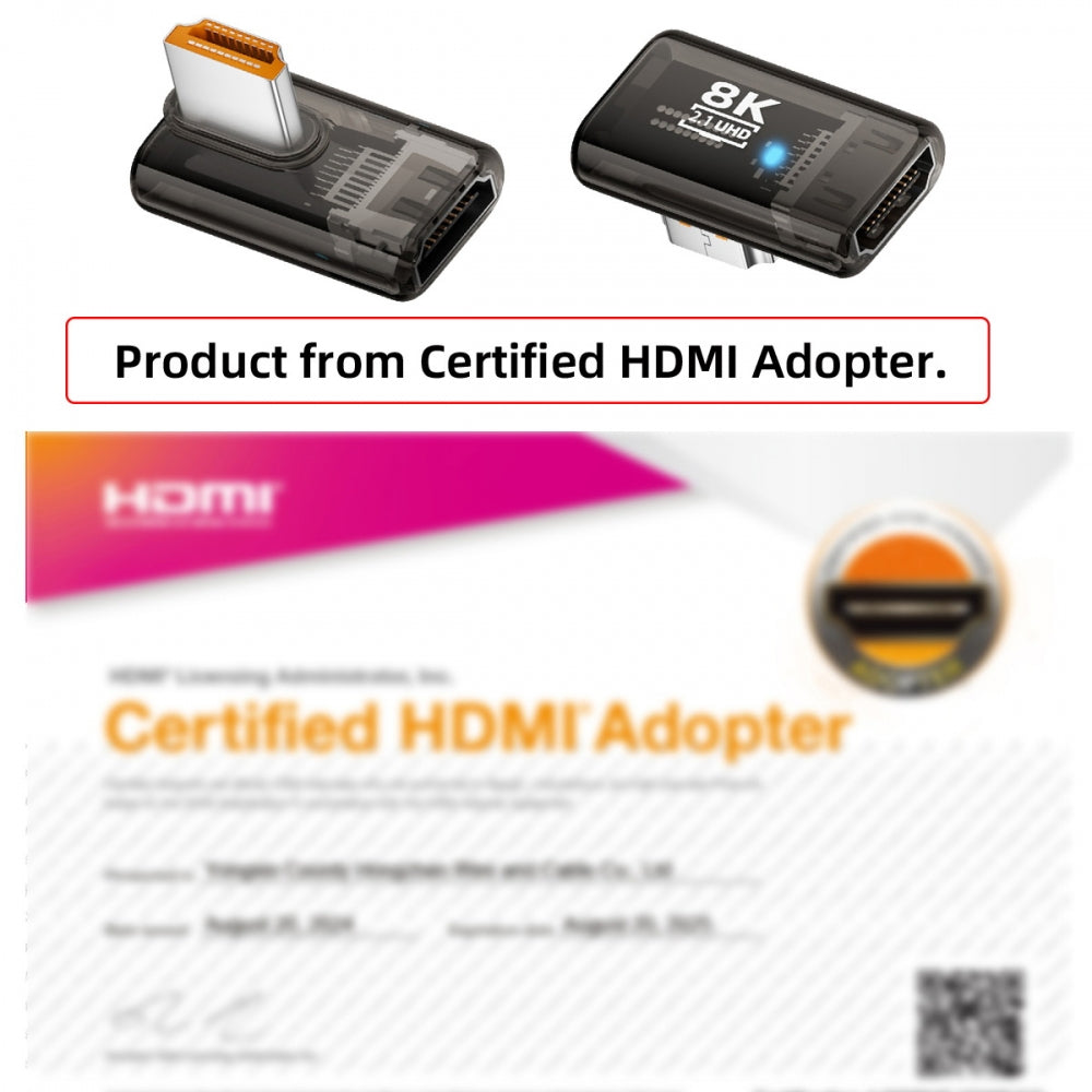 Right Angled 90 Degree Low Profile HDMI Male to HDMI 2.1 Female UHD Extension Adapter Extender Transparent with Smart LED 8K 60hz HDTV