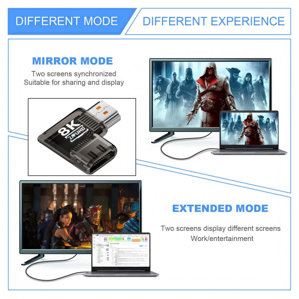 Left Angled 90 Degree Horizontal HDMI Male to HDMI 2.1 Female UHD Extension Adapter Extender Transparent with Smart LED 8K 60hz HDTV