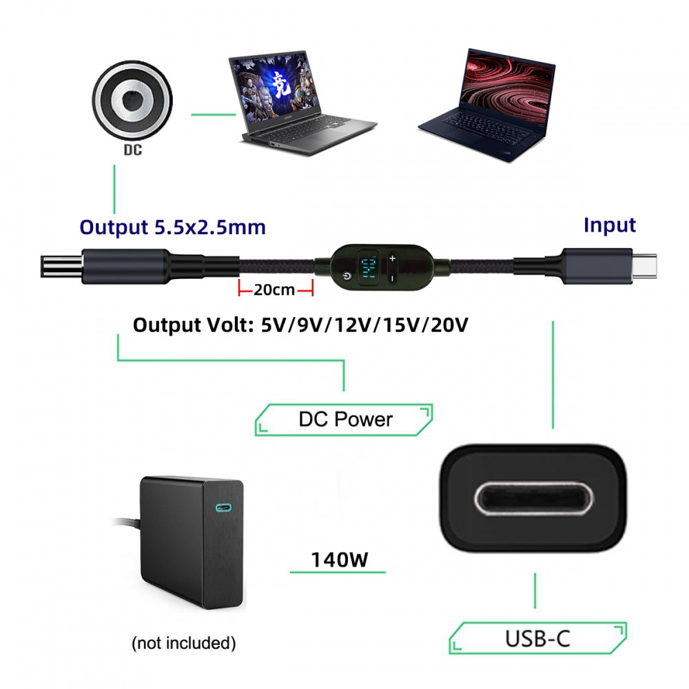 Type C USB-C Input to 20V 15V 12V 9V 5V DC 5.5*2.5mm Output Power Smart LED Display 100W 140W 65W PD Charge Cable for Laptop
