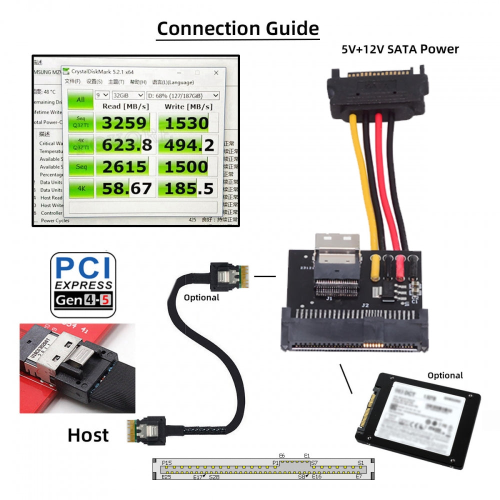 SFF-8654 Slimline Female Host to U.2 U.3 SFF-8639 NVME PCIe PCI-Express SSD Adapter for Mainboard