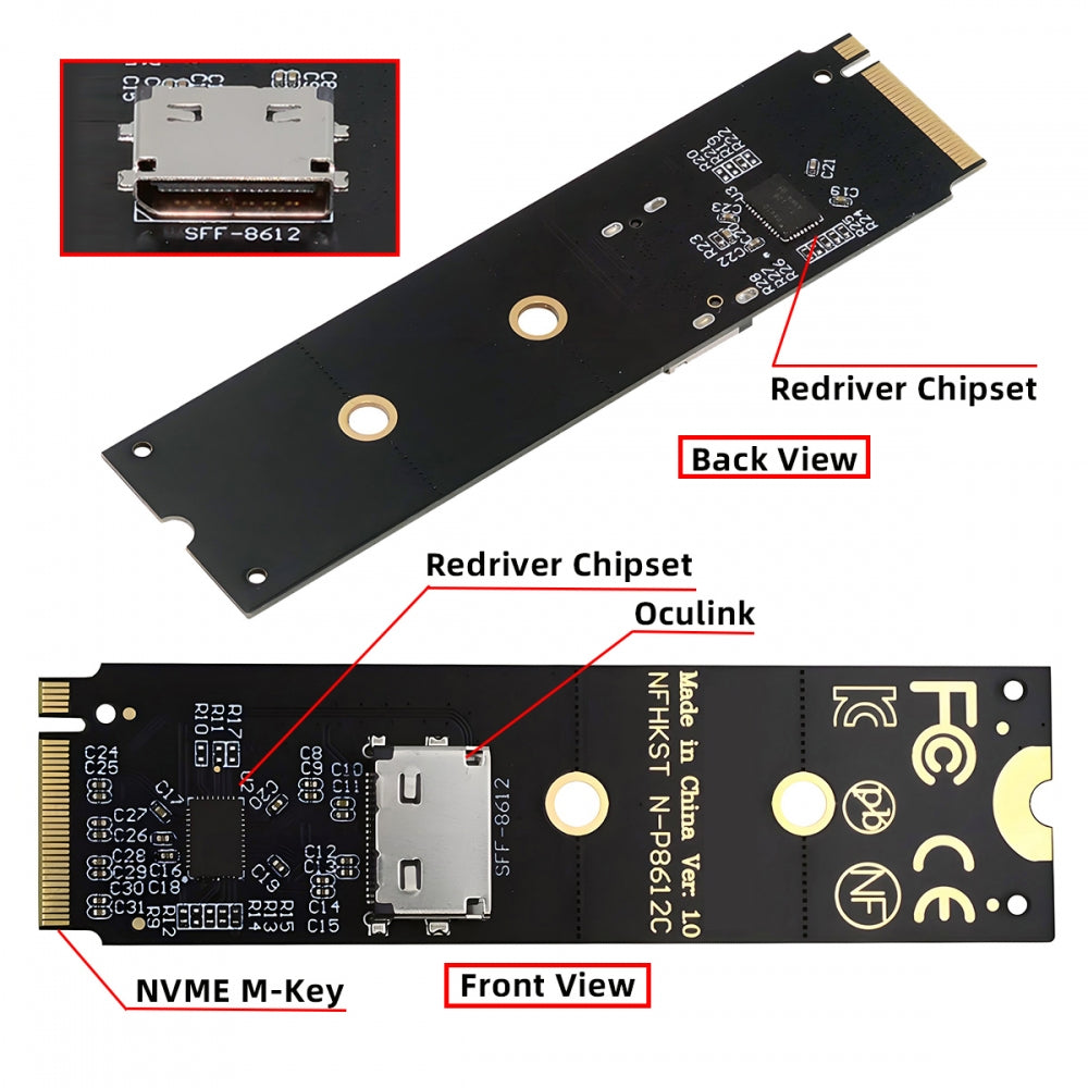 2280 PCI-E4.0 M.2 M-key NVME to Oculink SFF-8612 SFF-8611 Host Adapter with Linear Redriver for U.2 SSD eGPU over Long Cable Lengths