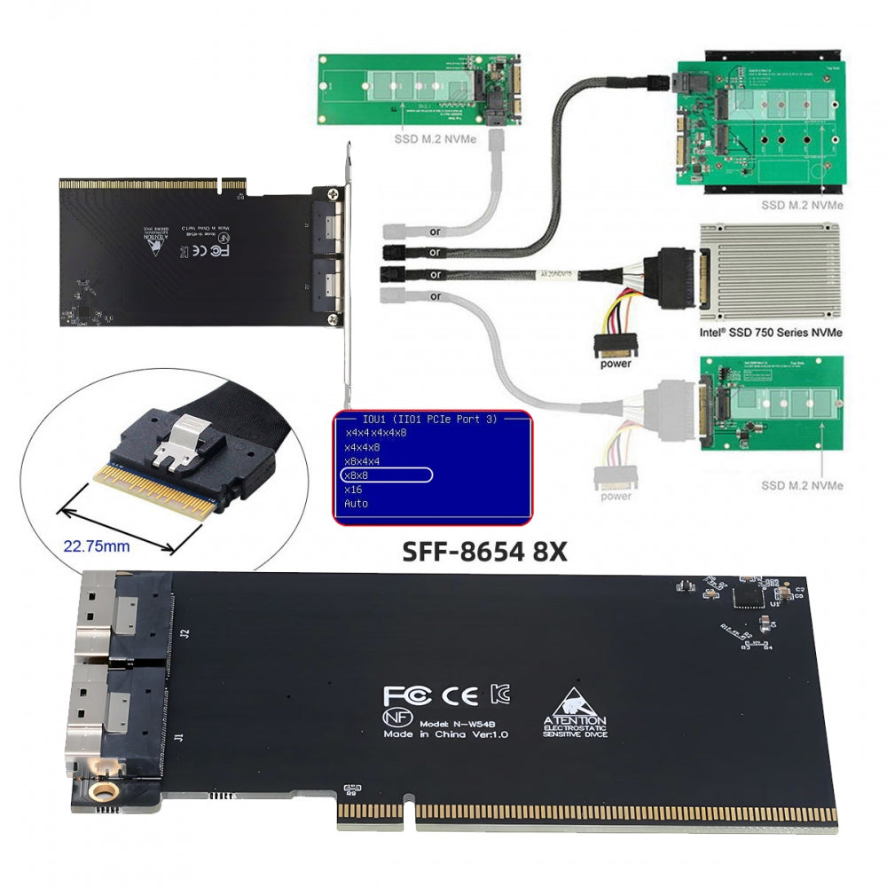 External Slimline Dual SFF-8654 8X 74Pin to PCIE 16X Express 3.0 PCIE4.0 Raid Card VROC Raid0 Hyper Adapter