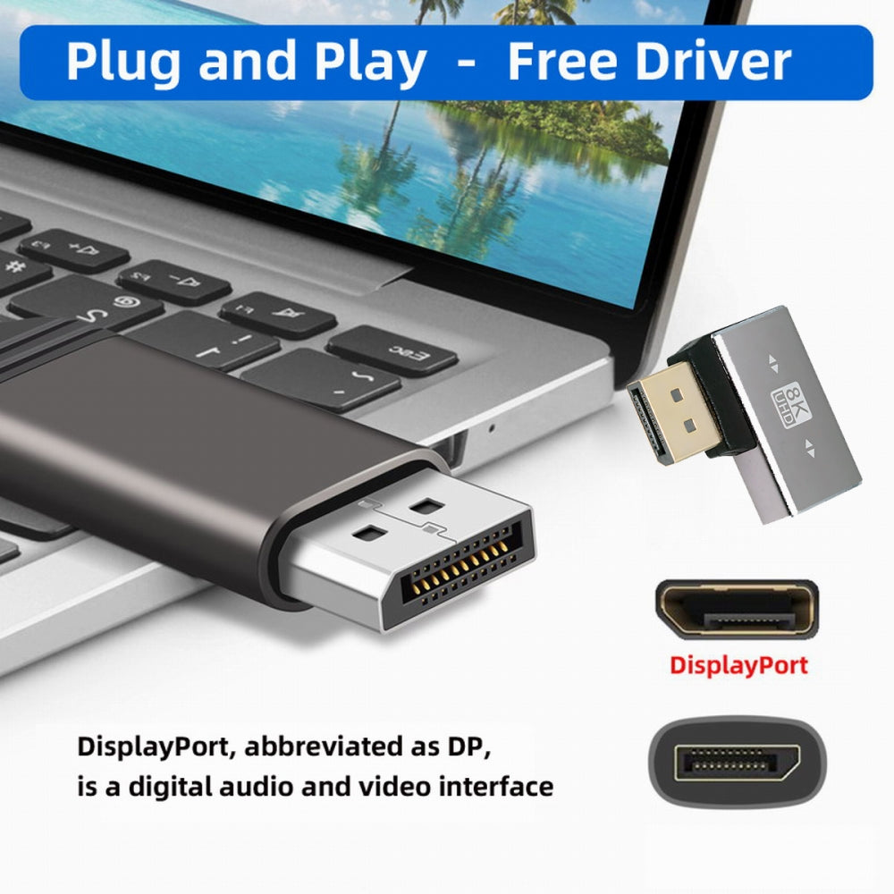 Left Angled DisplayPort 1.4 Male to DP Female 8K 60hz Adapter Ultra-HD UHD 4K 144hz 90 Degree for Video PC Laptop Monitor