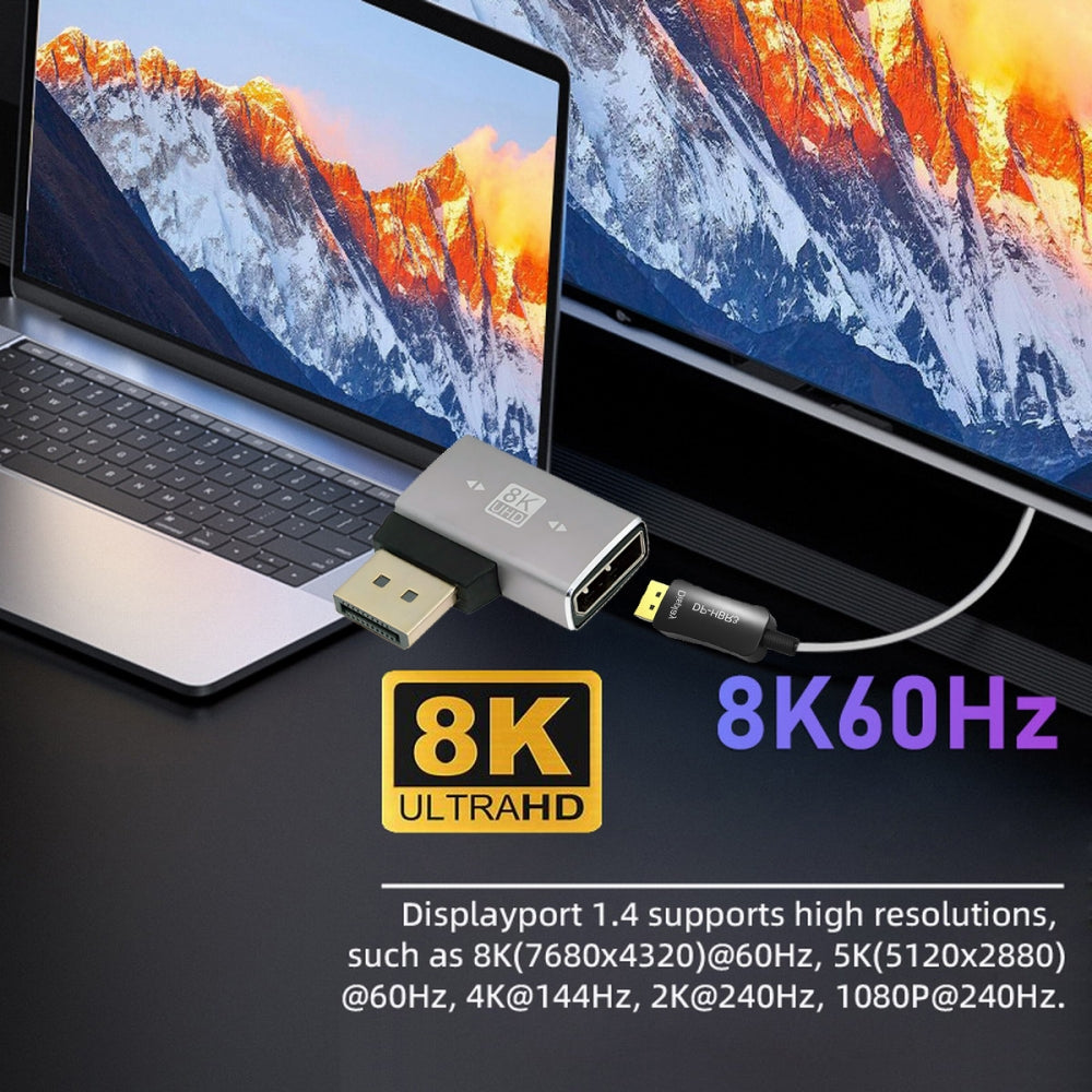 Left Angled DisplayPort 1.4 Male to DP Female 8K 60hz Adapter Ultra-HD UHD 4K 144hz 90 Degree for Video PC Laptop Monitor