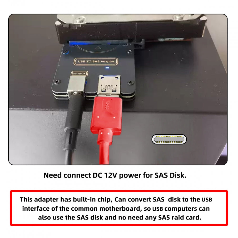 SFF-8482 SAS 29Pin to USB Type-C & Type-A 5Gbps Hard Disk Drive Raid Adapter with Chipset and Power Port (Need 12V/3A Power Supply)