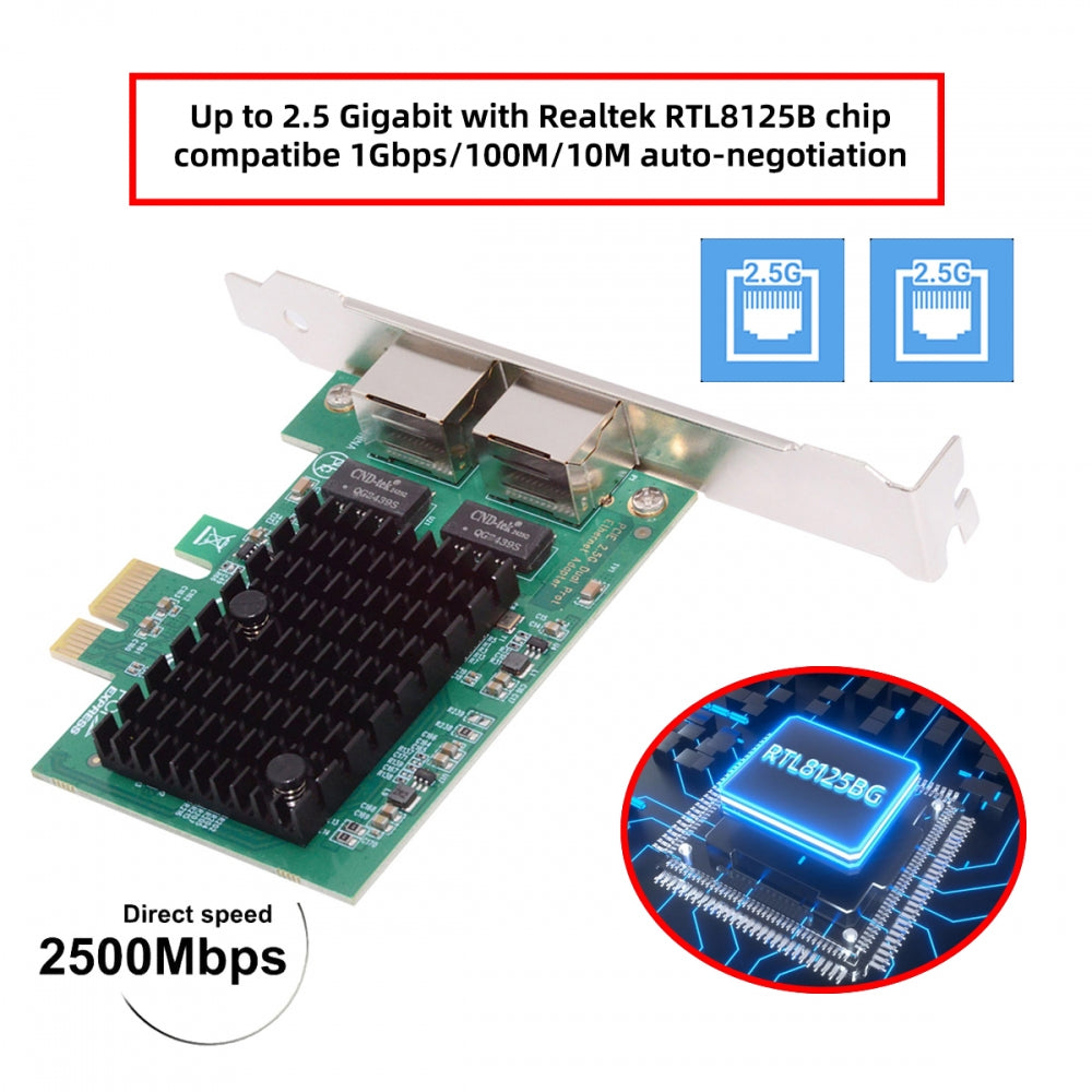 Dual Ports 2500Mbps 2.5Gbps to PCI-E PCI Express 1x GBE Gigabit 1000Mbps Ethernet Network LAN Cable Adapter for Desktop Motherboard