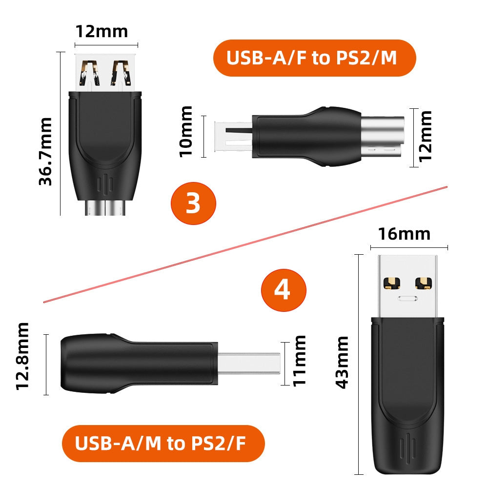 4pcs/lot USB 2.0 Type-A Type-C USB-C to PS2 Keyboard PS/2 Mouse Male to Female Adapter Mini-Din 6Pin