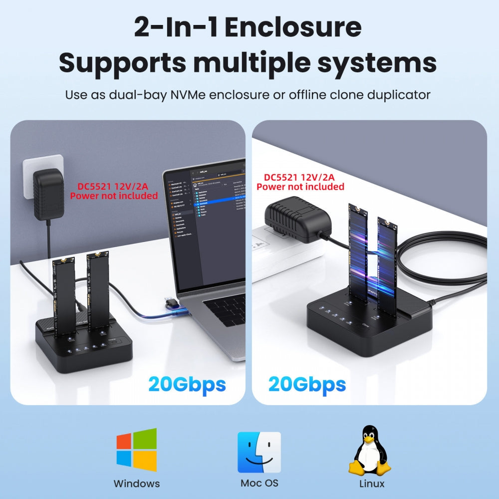 Cloner Dual-Bay NVME M.2 NGFF M-Key to USB-C Type-C One-Click Offline Clone Backup Enclosure 20Gbps Hyper Vertical Duplicator