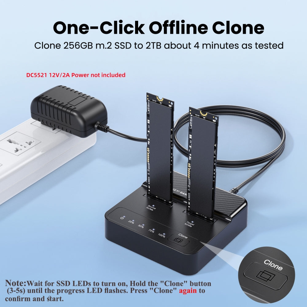 Cloner Dual-Bay NVME M.2 NGFF M-Key to USB-C Type-C One-Click Offline Clone Backup Enclosure 20Gbps Hyper Vertical Duplicator
