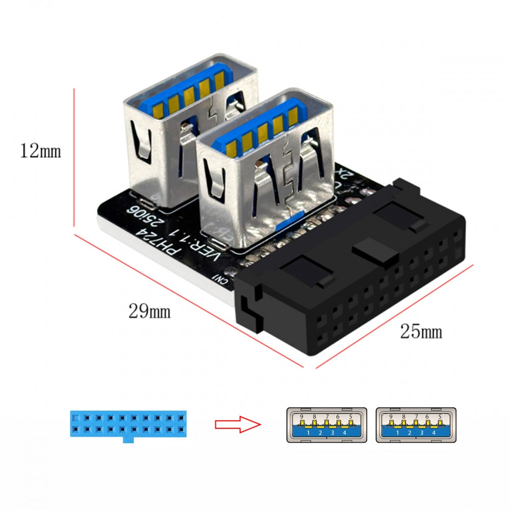Forward Angled Dual USB 3.0 Type-A Female to Motherboard 20/19 Pin Box Header Slot Adapter 10Gbps Vertical Type Card 90 Degree