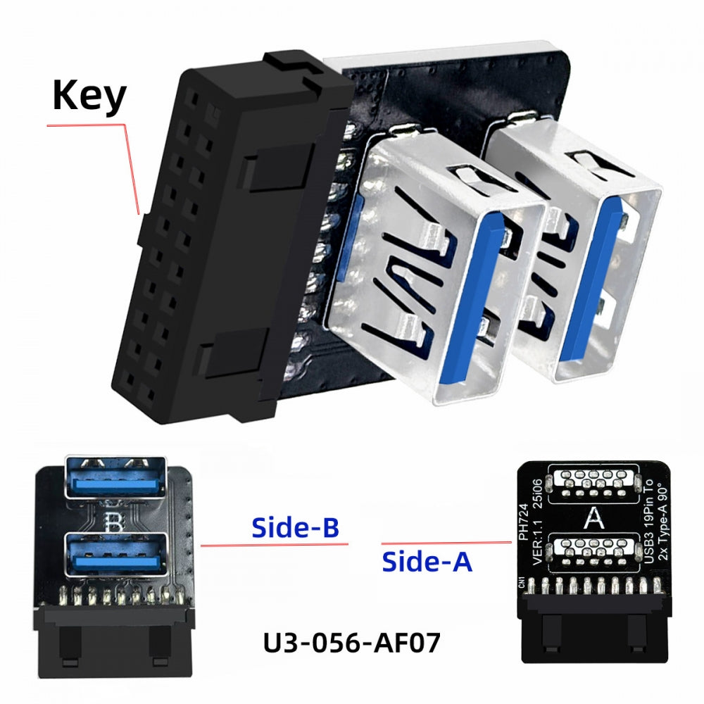 Reverse Angled Dual USB 3.0 Type-A Female to Motherboard 20/19 Pin Box Header Slot Adapter 10Gbps Vertical Type Card 90 Degree