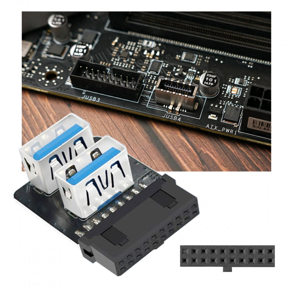 Reverse Angled Dual USB 3.0 Type-A Female to Motherboard 20/19 Pin Box Header Slot Adapter 10Gbps Vertical Type Card 90 Degree