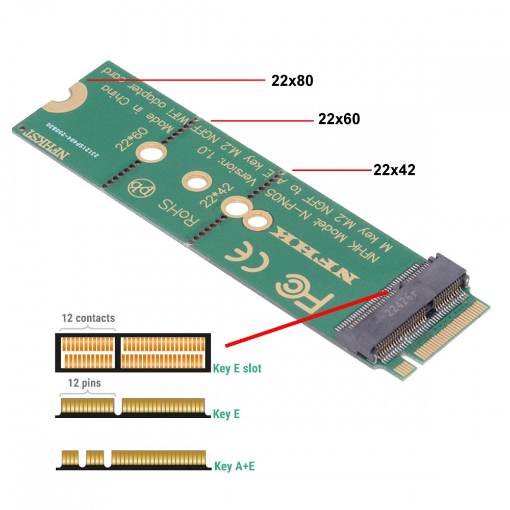 NGFF Key-E WiFi Riser Card Wireless to M.2 NGFF Key-M NVME SSD Adapter Compatible with Wifi6 WIFI7 Networking Card