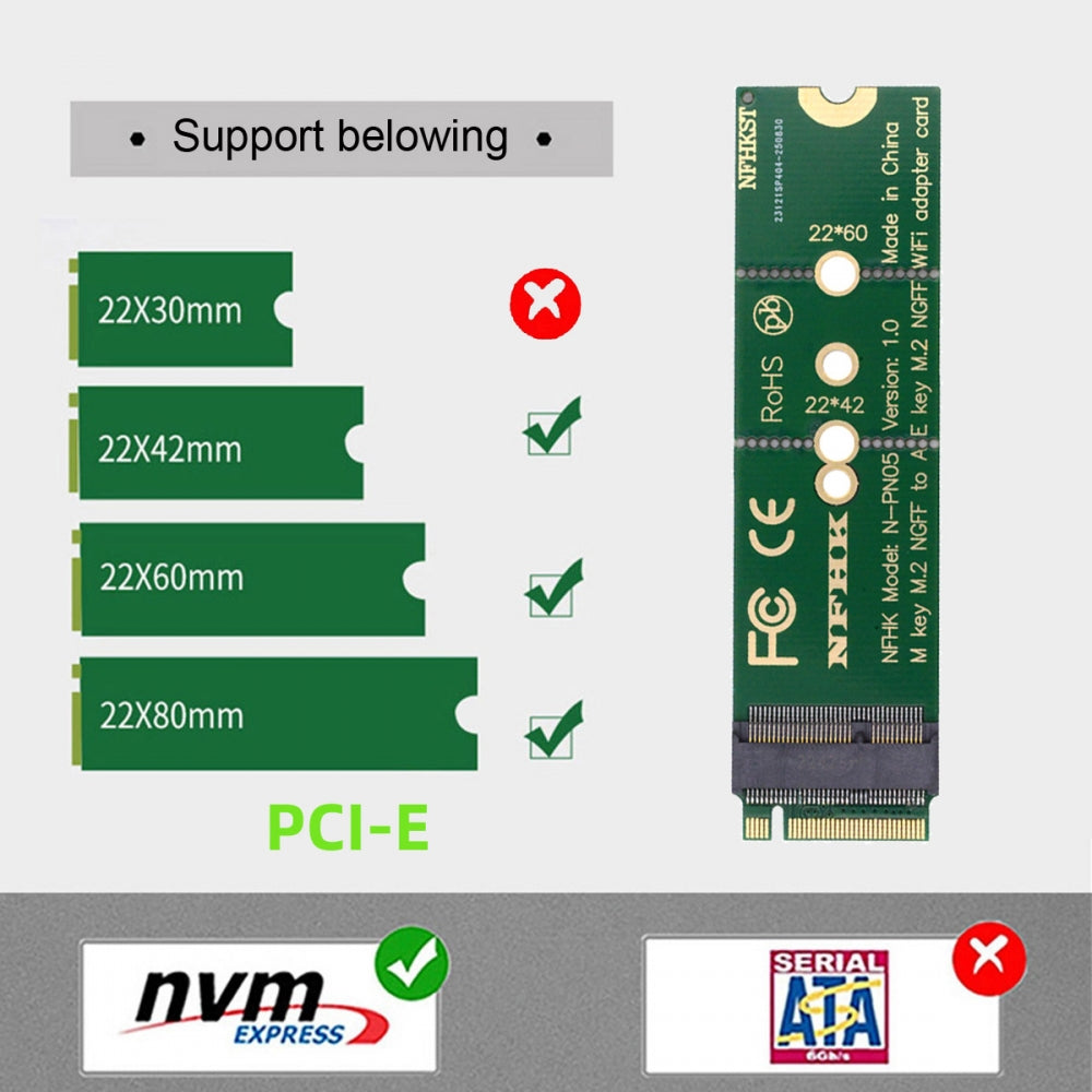 NGFF Key-E WiFi Riser Card Wireless to M.2 NGFF Key-M NVME SSD Adapter Compatible with Wifi6 WIFI7 Networking Card