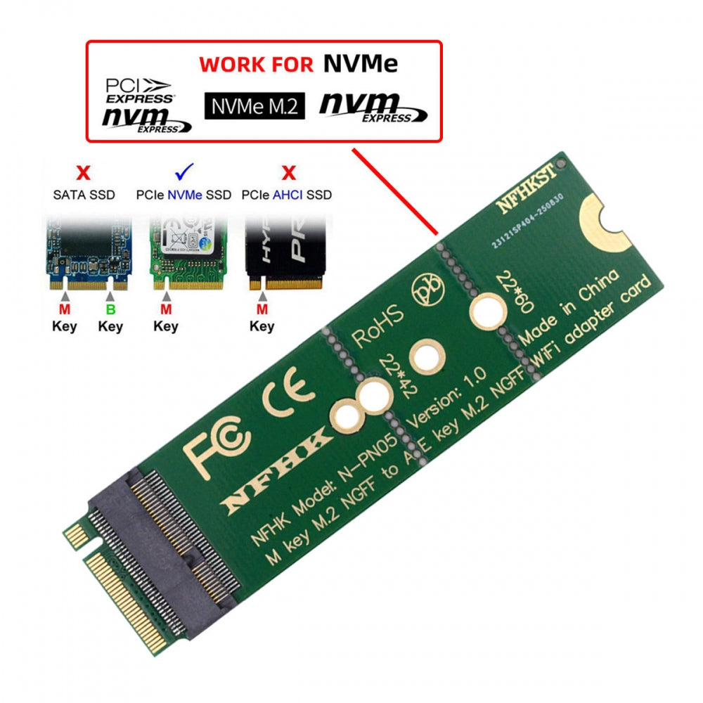 NGFF Key-E WiFi Riser Card Wireless to M.2 NGFF Key-M NVME SSD Adapter Compatible with Wifi6 WIFI7 Networking Card