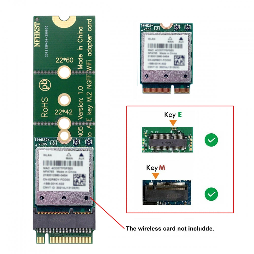NGFF Key-E WiFi Riser Card Wireless to M.2 NGFF Key-M NVME SSD Adapter Compatible with Wifi6 WIFI7 Networking Card