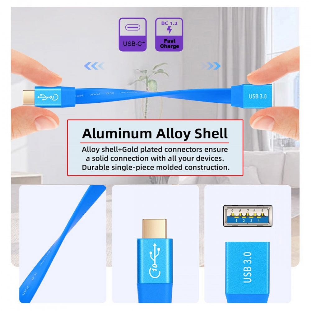 Ultra Flat Slim USB 3.0 Type-C Male USB-C to OTG USB3.0 Type-A Female Cable On-the-Go Blue 10Gbps for Laptop Computer Disk SSD Camera Data