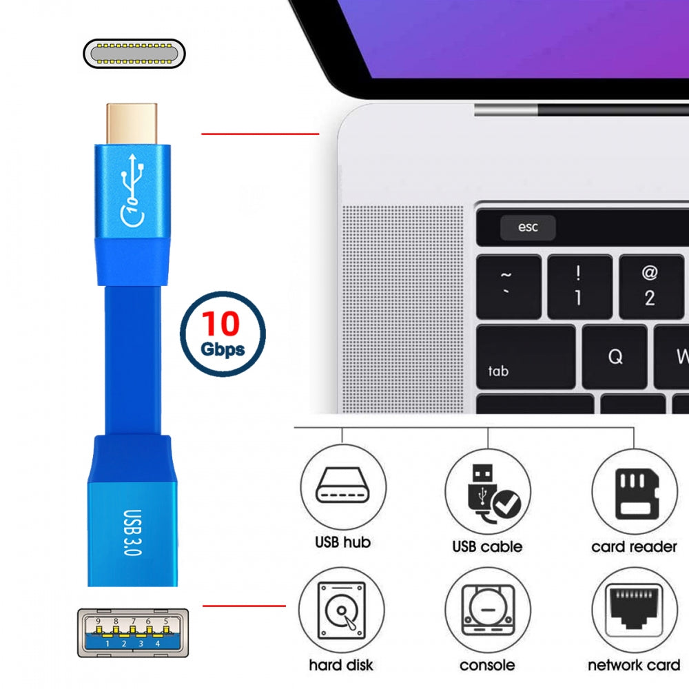 Ultra Flat Slim USB 3.0 Type-C Male USB-C to OTG USB3.0 Type-A Female Cable On-the-Go Blue 10Gbps for Laptop Computer Disk SSD Camera Data