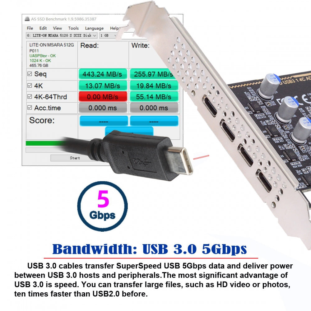 USB3.1 Gen1 5Gbps Four Ports Type-C USB-C Female to PCI-E Express 1x Card Adapter uPD720201 with Low Profile Bracket