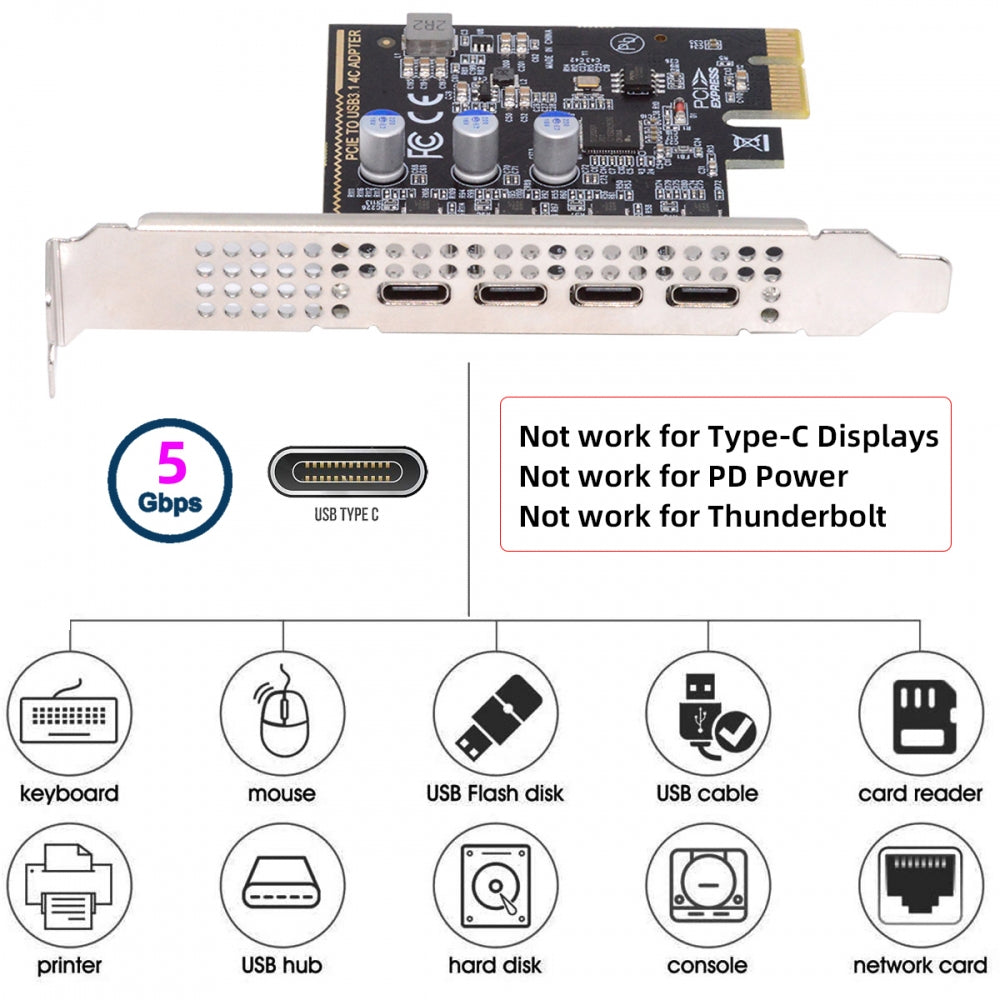 USB3.1 Gen1 5Gbps Four Ports Type-C USB-C Female to PCI-E Express 1x Card Adapter uPD720201 with Low Profile Bracket