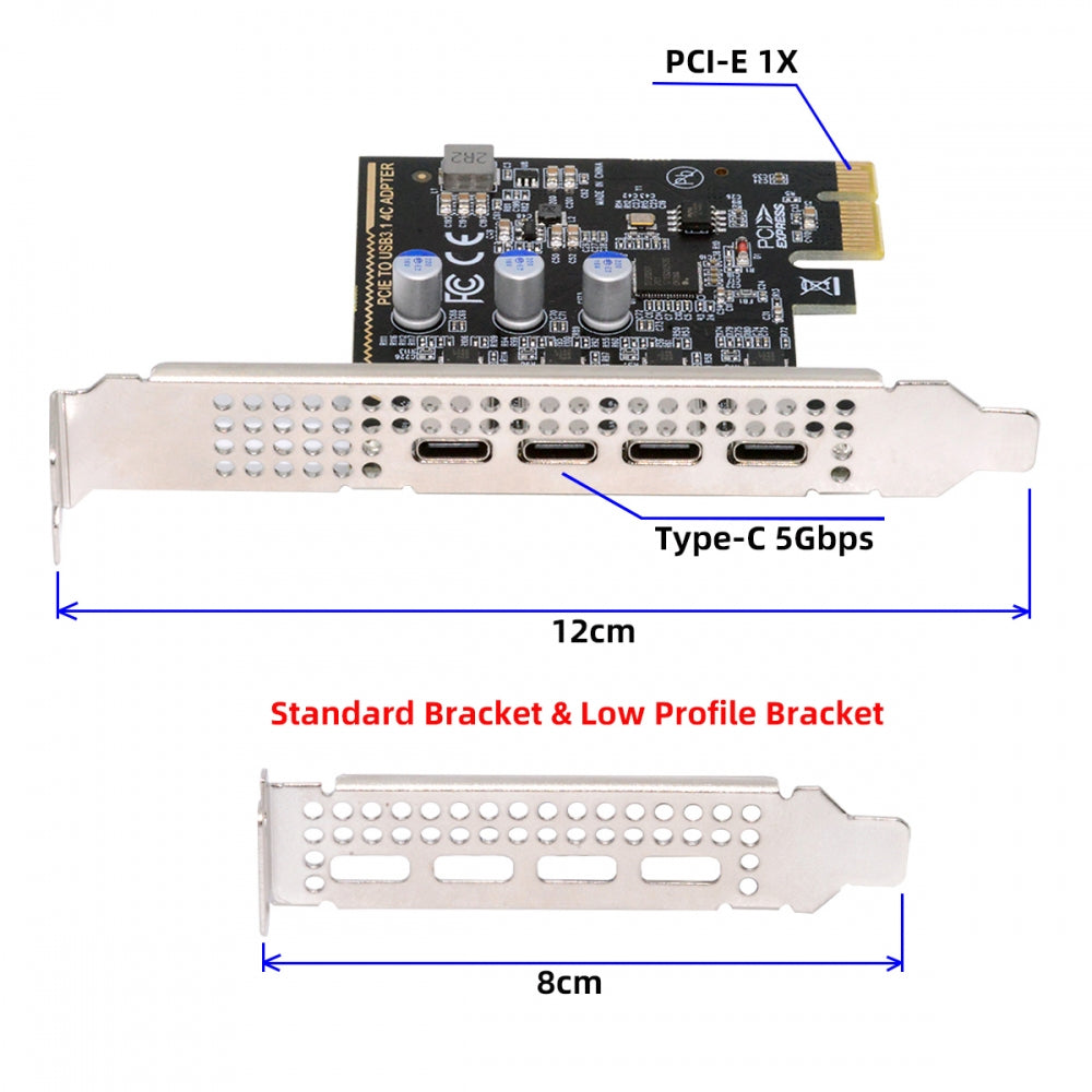 USB3.1 Gen1 5Gbps Four Ports Type-C USB-C Female to PCI-E Express 1x Card Adapter uPD720201 with Low Profile Bracket