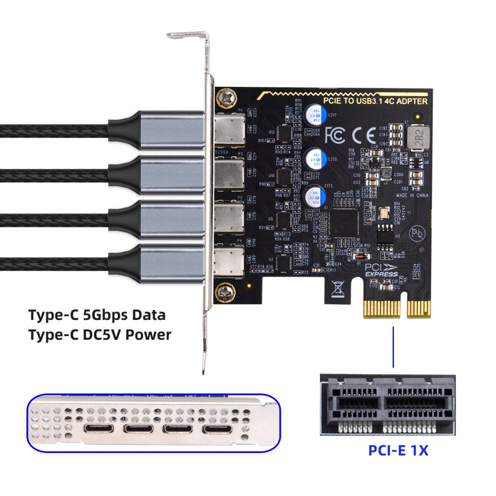 USB3.1 Gen1 5Gbps Four Ports Type-C USB-C Female to PCI-E Express 1x Card Adapter uPD720201 with Low Profile Bracket