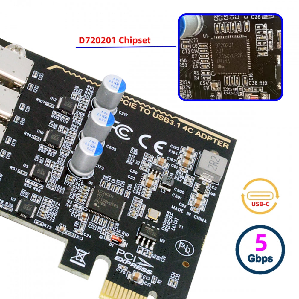 USB3.1 Gen1 5Gbps Four Ports Type-C USB-C Female to PCI-E Express 1x Card Adapter uPD720201 with Low Profile Bracket