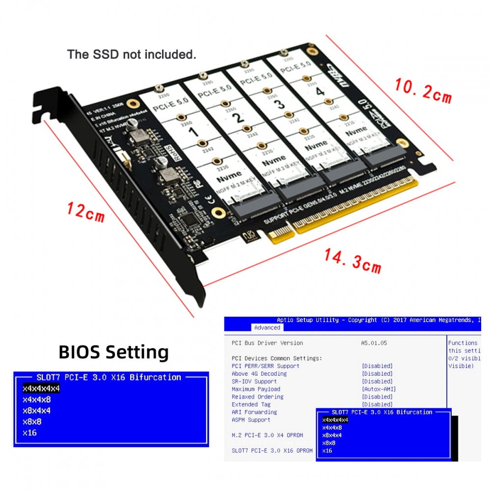 4X NVME M.2 NGFF SSD to Detachable Bifurcation PCIE Express 5.0 Gen5 Gen4 X16 Raid Card VROC Raid0 Hyper Adapter