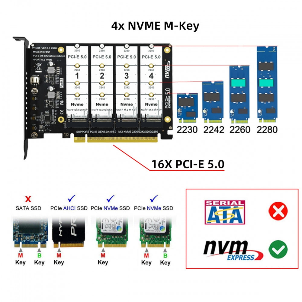 4X NVME M.2 NGFF SSD to Detachable Bifurcation PCIE Express 5.0 Gen5 Gen4 X16 Raid Card VROC Raid0 Hyper Adapter