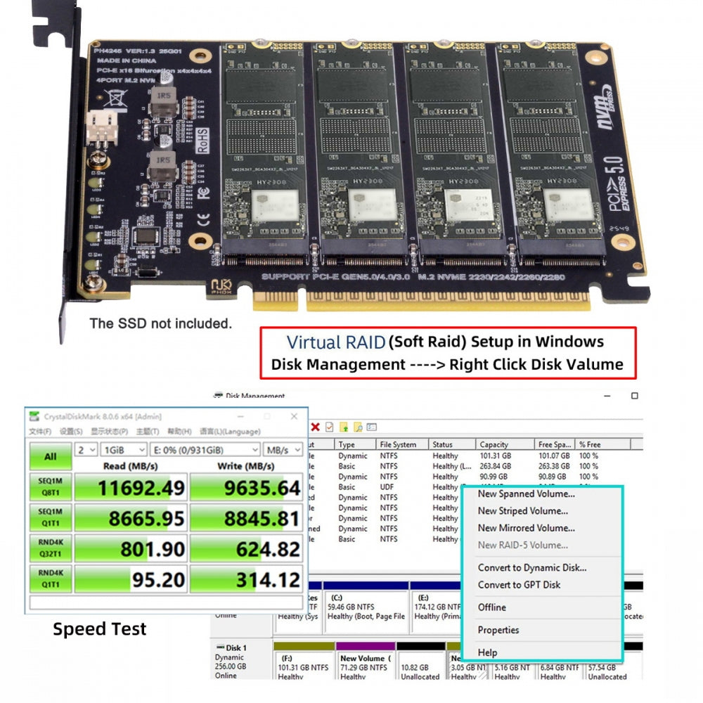 4X NVME M.2 NGFF SSD to Detachable Bifurcation PCIE Express 5.0 Gen5 Gen4 X16 Raid Card VROC Raid0 Hyper Adapter