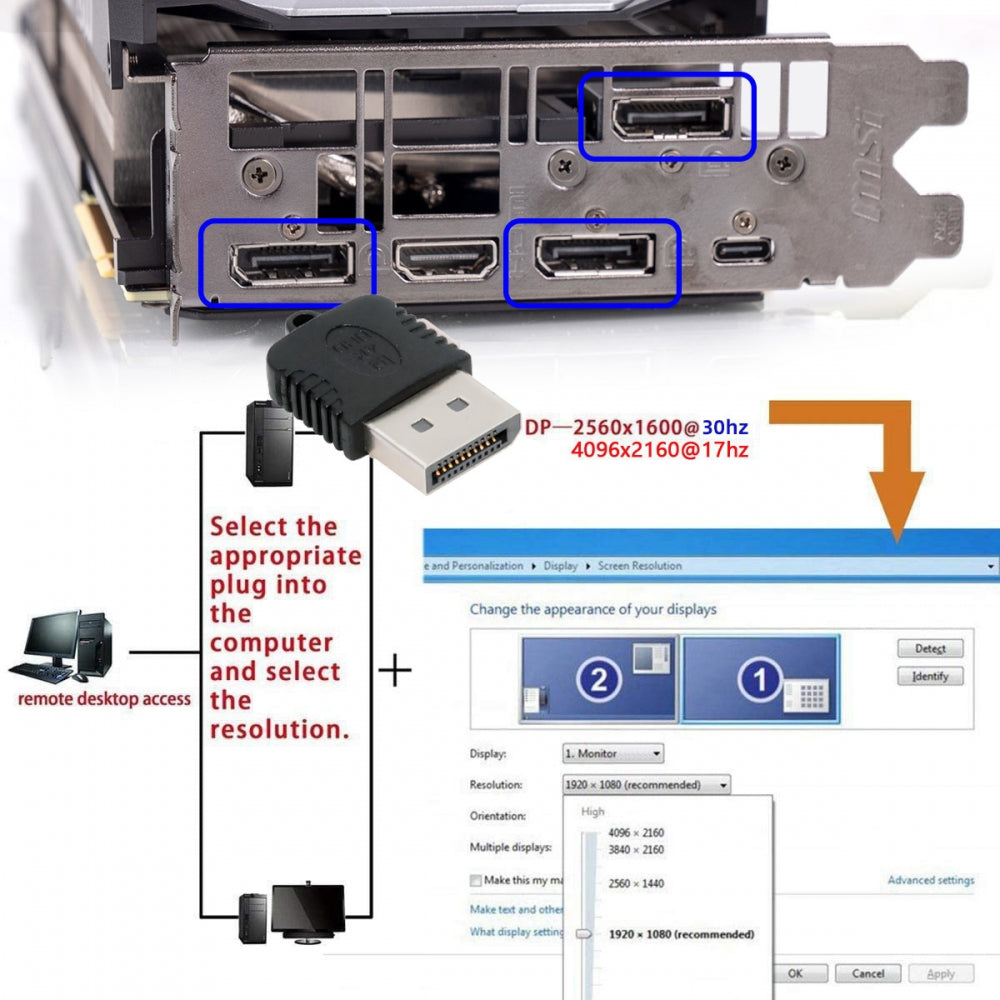 CY DP Virtual Display Adapter Displayport Dummy Plug Headless Ghost Emulator 4K@17hz Black
