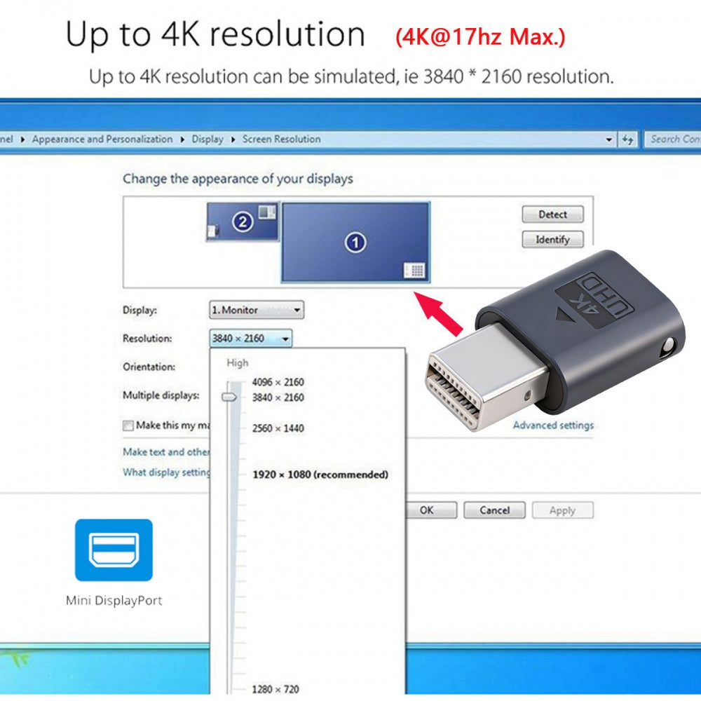 CY Mini-DP Virtual Display Adapter Mini Displayport Dummy Plug Headless Ghost Emulator 4K@17hz with LED Light Blue