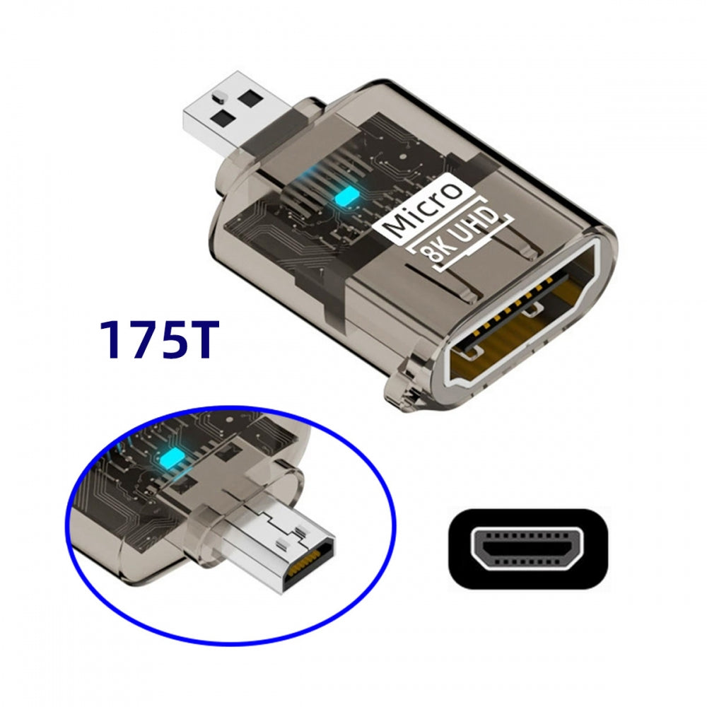 Micro-HDMI Type-D Male to HDMI 2.1 Female UHD Extension Adapter Extender Transparent with Smart LED Light Support 8K 60hz HDTV