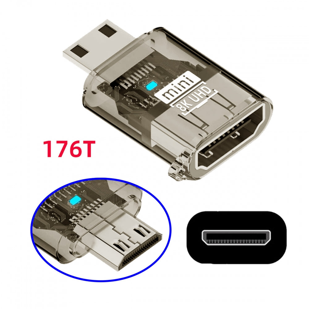 Mini-HDMI Type-C Male to HDMI 2.1 Female UHD Extension Adapter Extender Transparent with Smart LED Light Support 8K 60hz HDTV