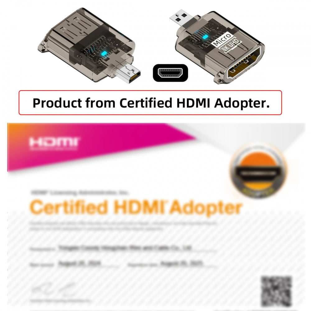Micro-HDMI Type-D Male to HDMI 2.1 Female UHD Extension Adapter Extender Transparent with Smart LED Light Support 8K 60hz HDTV