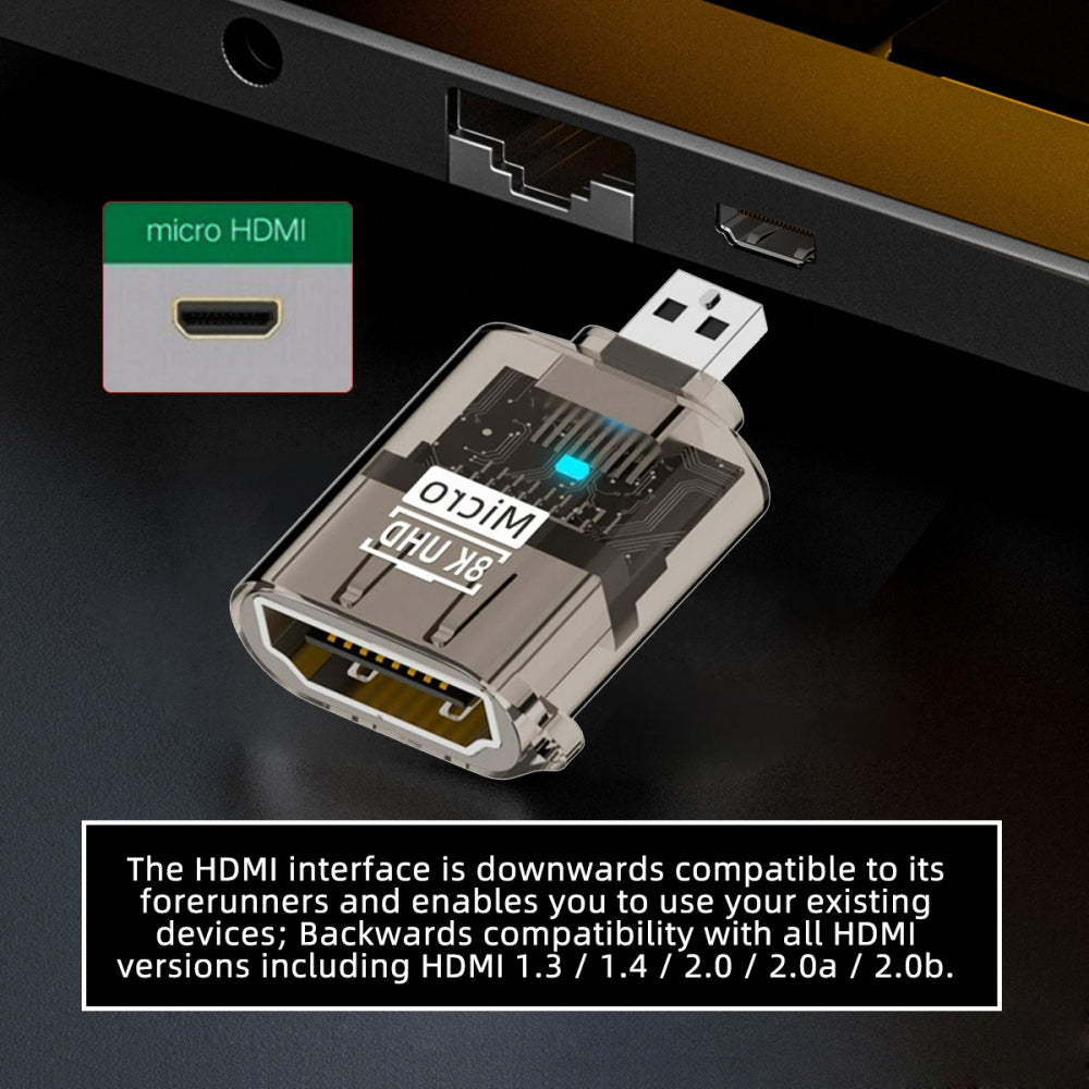 Micro-HDMI Type-D Male to HDMI 2.1 Female UHD Extension Adapter Extender Transparent with Smart LED Light Support 8K 60hz HDTV