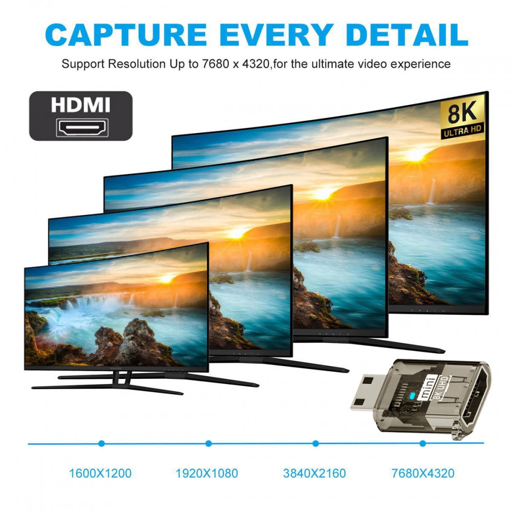 Mini-HDMI Type-C Male to HDMI 2.1 Female UHD Extension Adapter Extender Transparent with Smart LED Light Support 8K 60hz HDTV