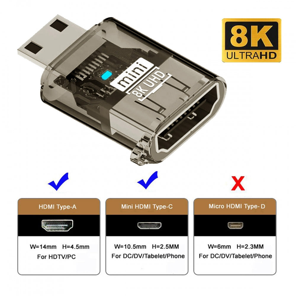 Mini-HDMI Type-C Male to HDMI 2.1 Female UHD Extension Adapter Extender Transparent with Smart LED Light Support 8K 60hz HDTV