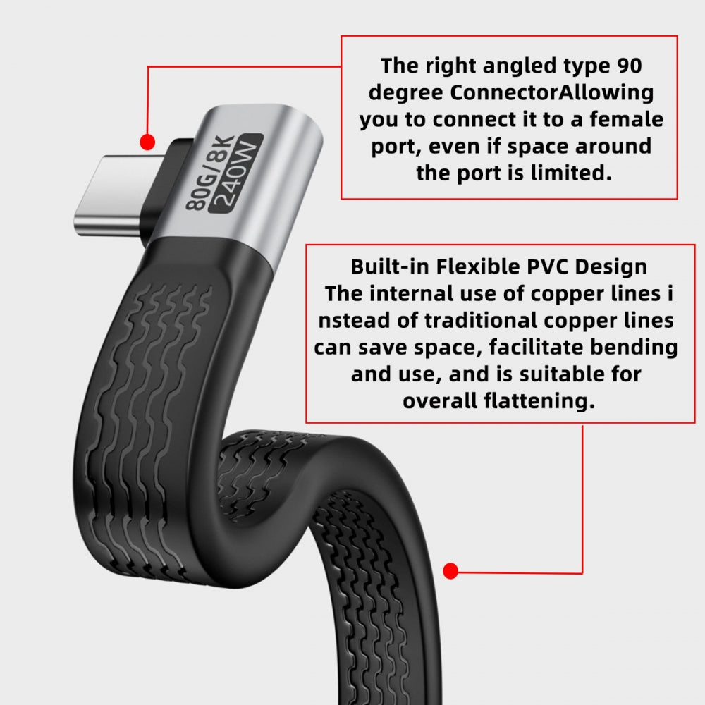 Dual Right Angled USB5.0 80Gbps Flat Slim FPC Cable 13cm with 240W and 16K@30hz 8K 5K@60Hz Compatible with USB4.0 Thunderbolt3/4/5