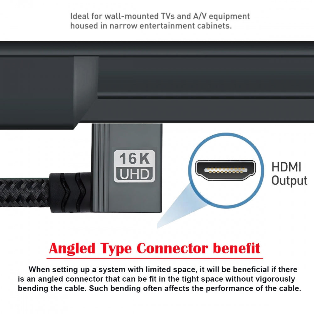 Left Angled 16K 8K UHD HDMI 2.2 Version Type-A Male to HDMI Male HDTV Cable 90 Degree for HDTV Desktop Laptop Monitor