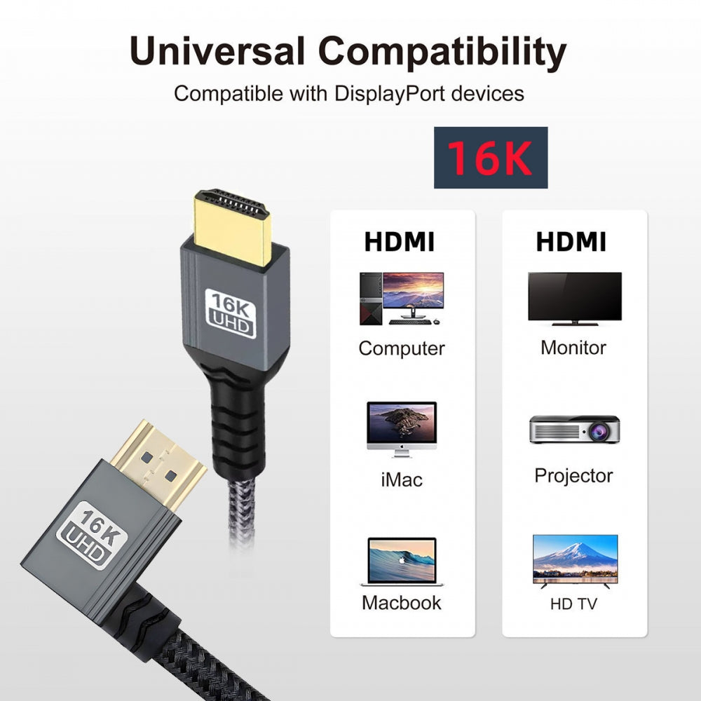 Left Angled 16K 8K UHD HDMI 2.2 Version Type-A Male to HDMI Male HDTV Cable 90 Degree for HDTV Desktop Laptop Monitor