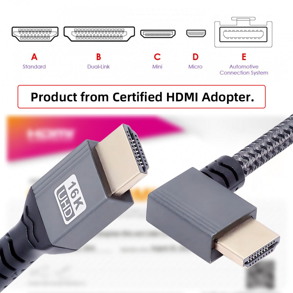 Left Angled 16K 8K UHD HDMI 2.2 Version Type-A Male to HDMI Male HDTV Cable 90 Degree for HDTV Desktop Laptop Monitor