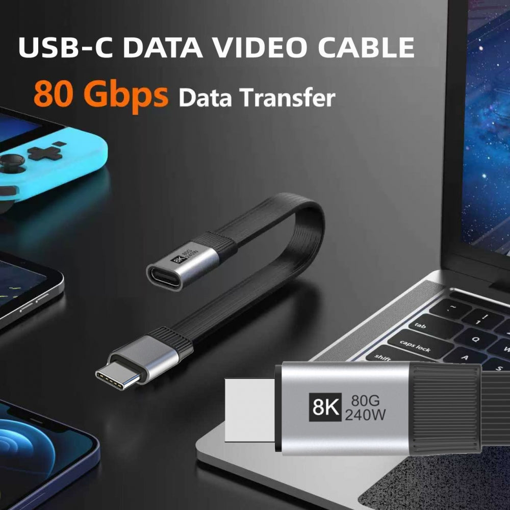 20cm USB5.0 80Gbps Flat Slim FPC Male to Female Extension Cable 240W 16K 8K 60Hz 5K Compatible with 40Gbps USB4.0 Thunderbolt3/4/5