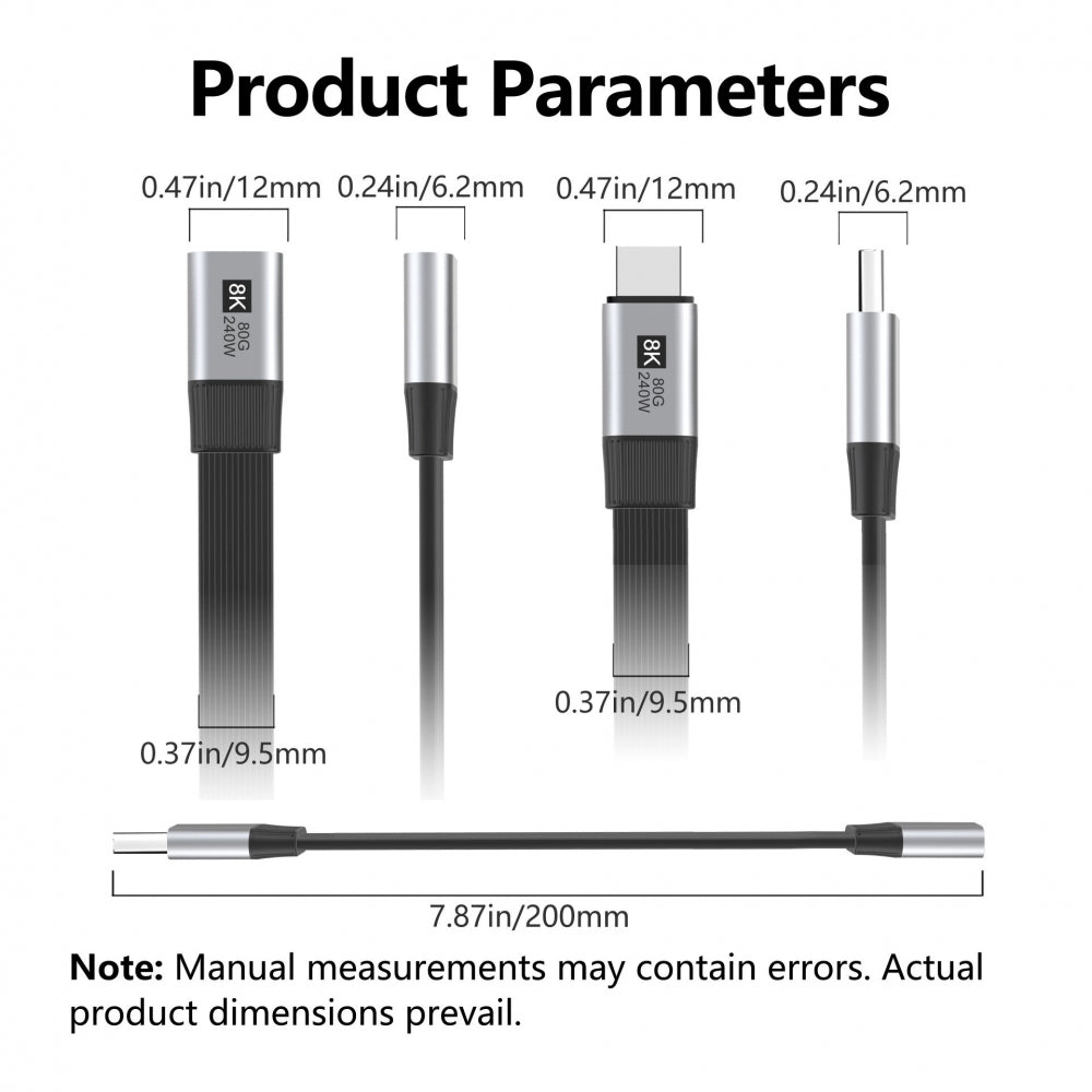 20cm USB5.0 80Gbps Flat Slim FPC Male to Female Extension Cable 240W 16K 8K 60Hz 5K Compatible with 40Gbps USB4.0 Thunderbolt3/4/5